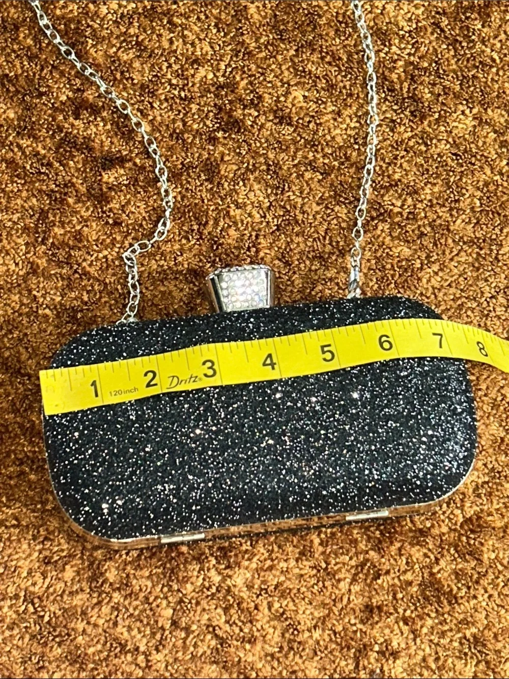 Black Glitter Rhinestone Evening Clutch with Silver Chain